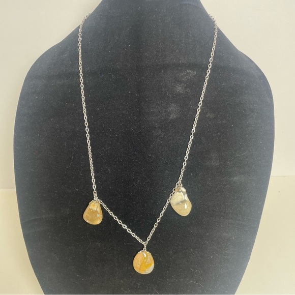 Triple Agate Stone Pendant Necklace on Silver Tone Chain - Picture 2 of 6